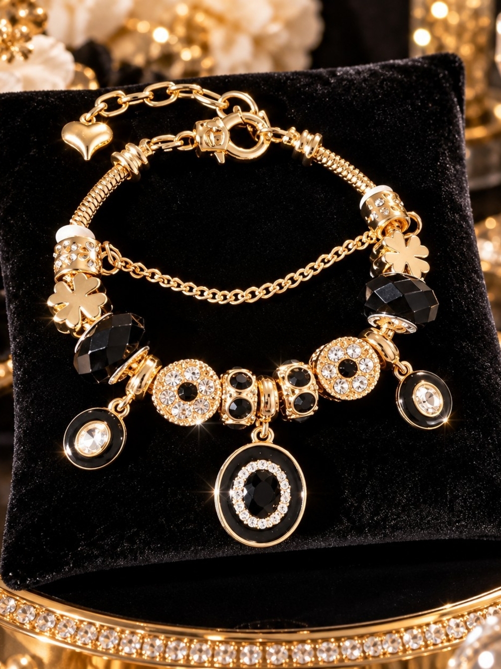 Gold and Black Crystal Charm Bracelet